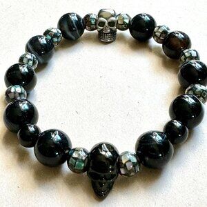 Unique OOAK Black Agate and Mother of Pearl Stretch Bracelet
